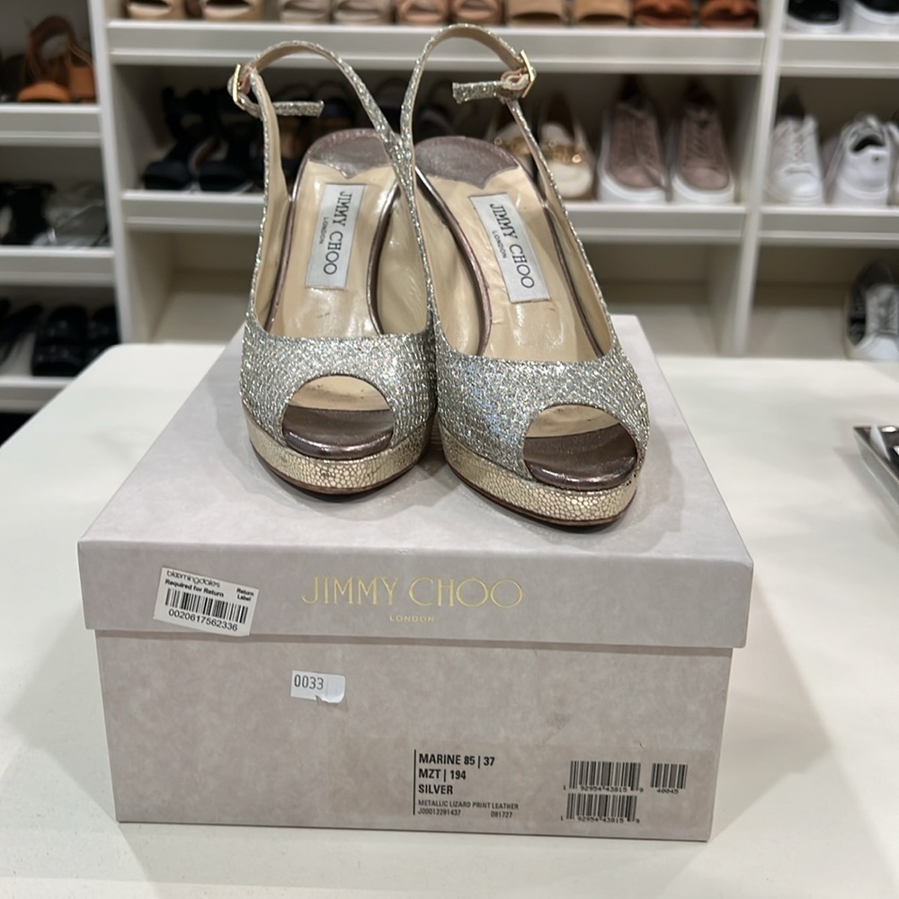 Women’s Jimmy Choo Silver and Gold Glitter Slingback Heels with Box. Size 37